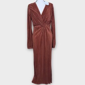 Petal + Pup Gloria Dress Womens 6 Rust Brown New Plisse Pleated Twist Front Maxi